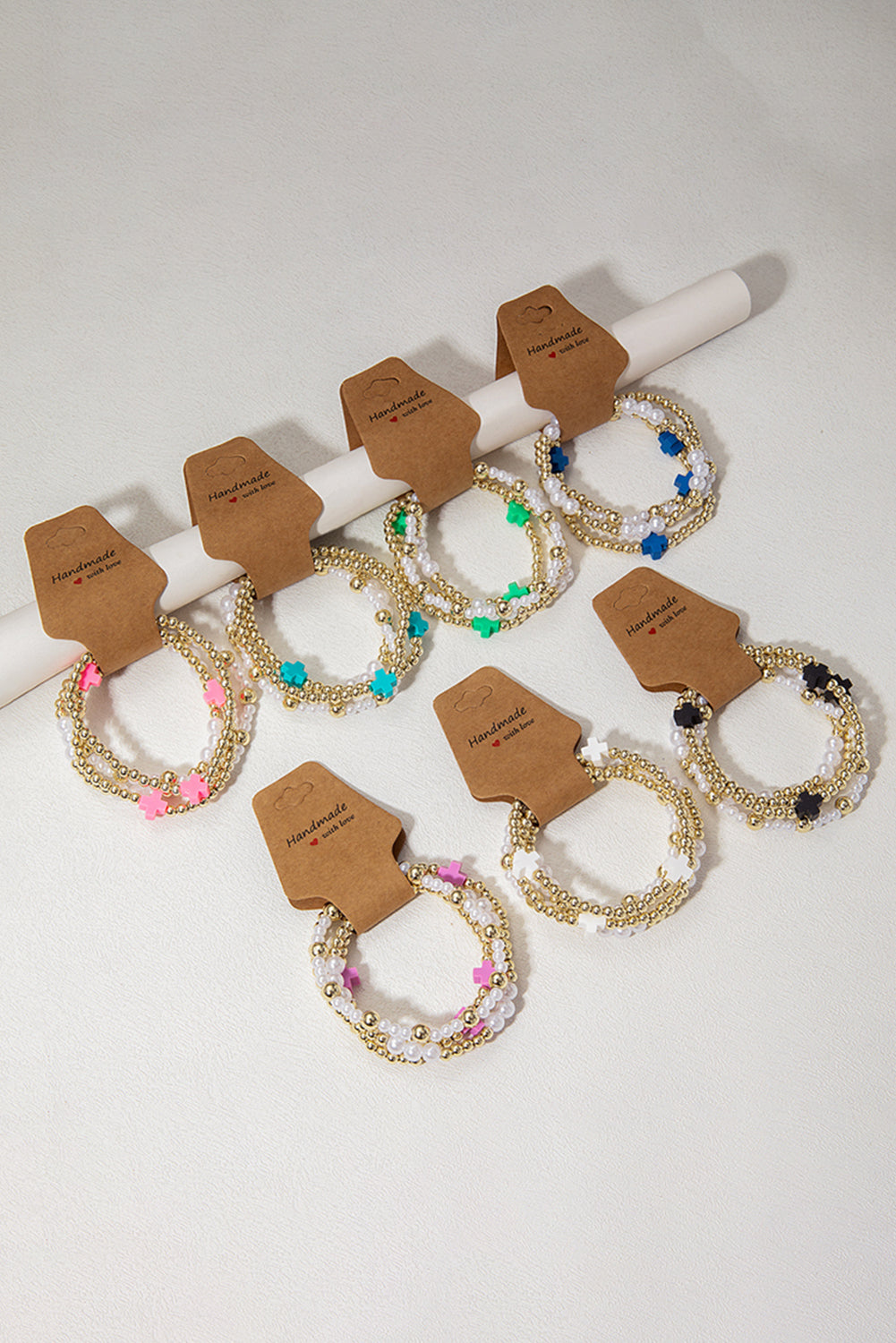 White Cross Pearl Decor Beaded Elastic Multi Layered Bracelet